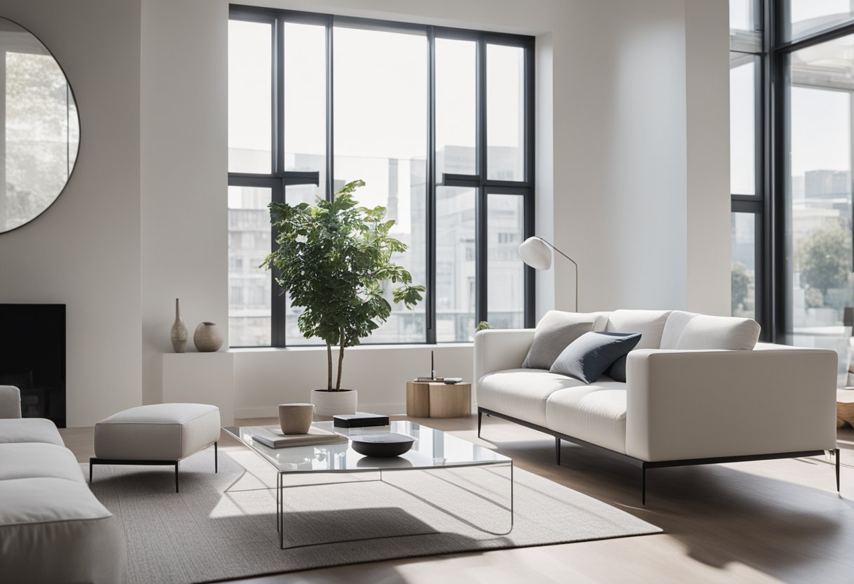 A sleek white living room with modern furniture, large windows, and minimal decor. A clean, open space with natural light and a minimalist aesthetic