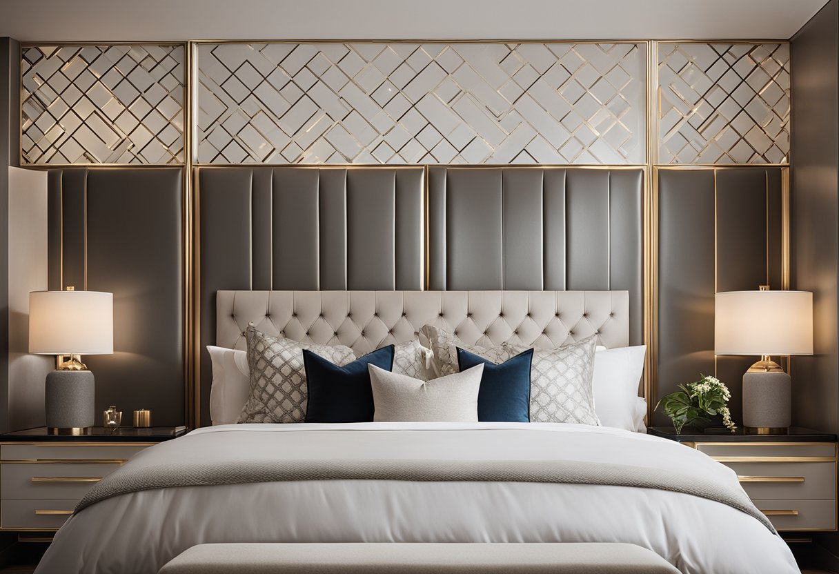 A sleek, minimalist bedroom with clean lines, neutral colors, and a touch of luxury. A tufted headboard, geometric patterns, and metallic accents complete the modern classic look