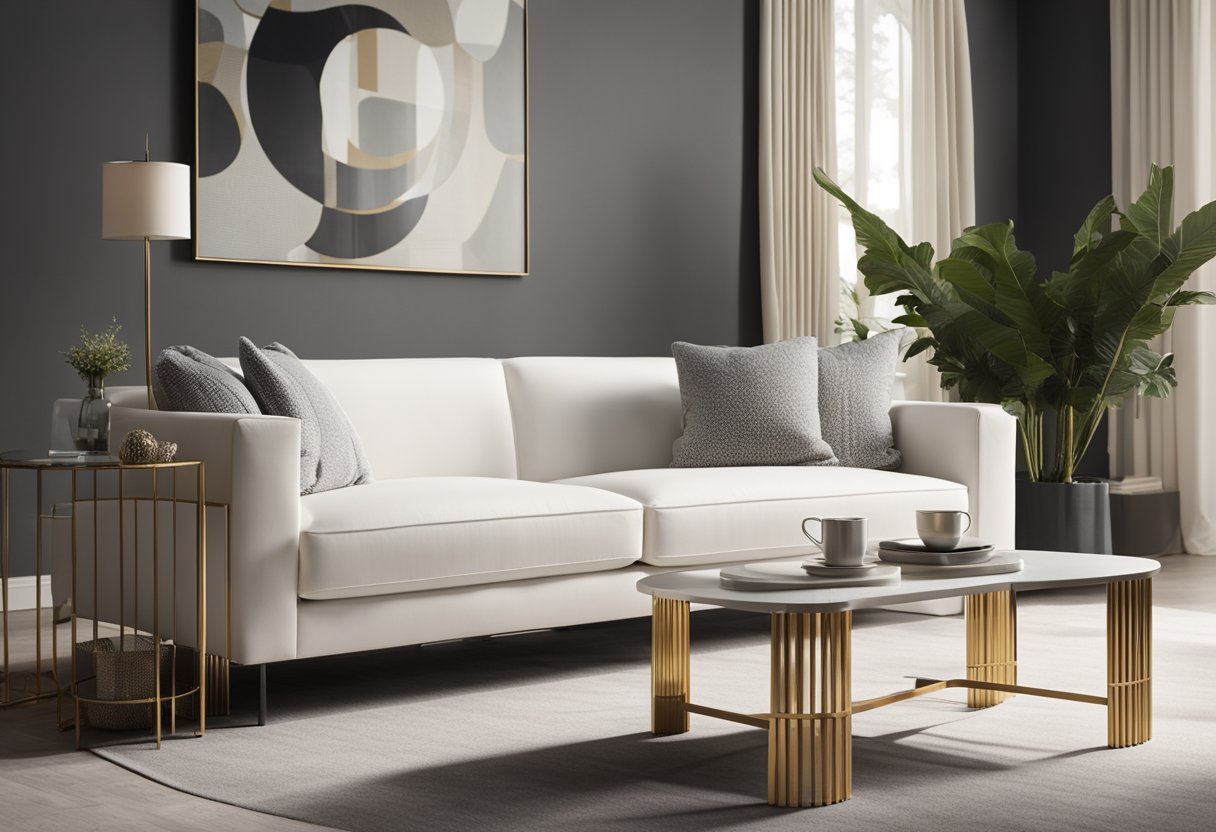 A sleek white sofa sits in a minimalist living room, adorned with geometric patterned throw pillows. A modern coffee table and metallic accents complete the contemporary design