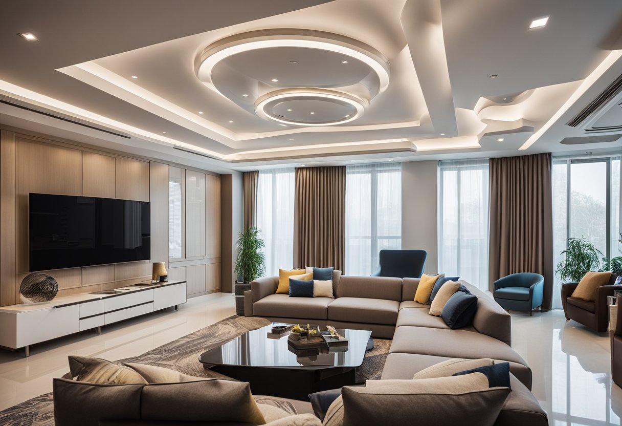 A spacious living room with modern false ceiling design, featuring recessed lighting and geometric patterns