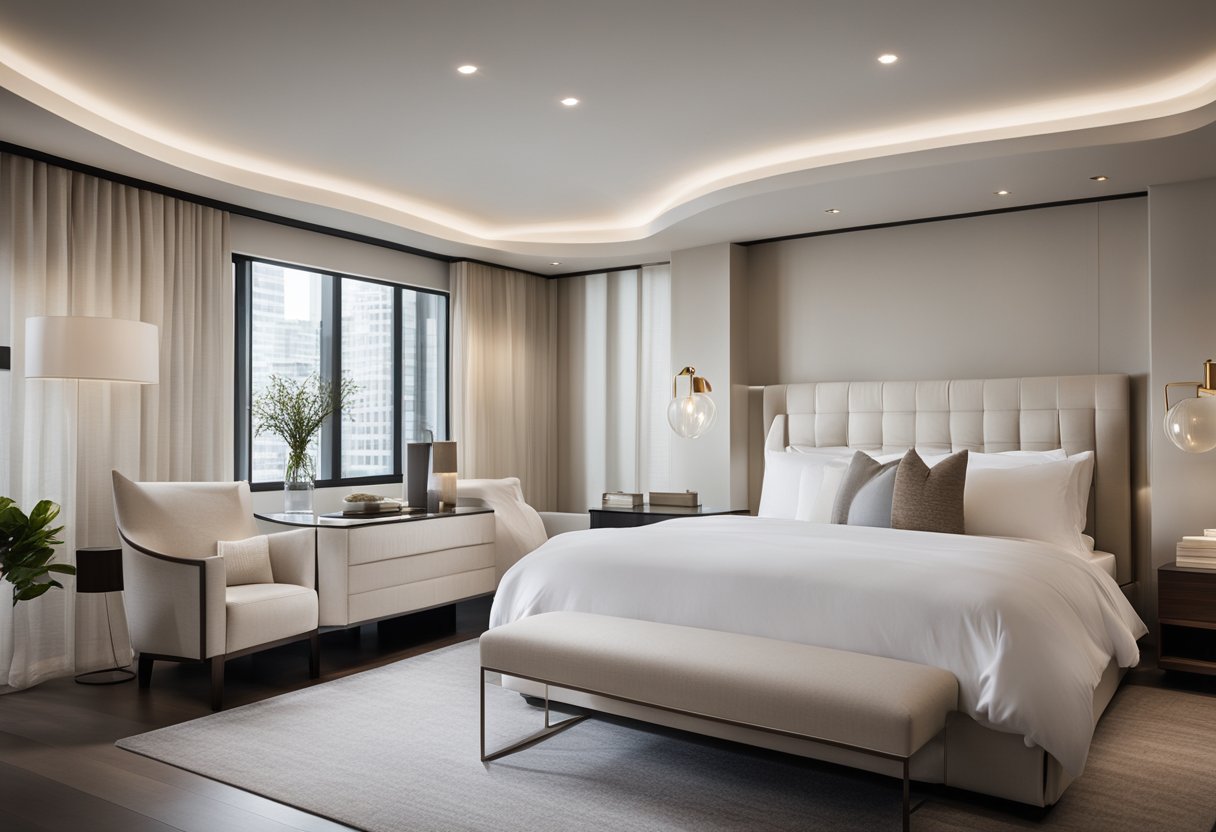A sleek, minimalist bedroom with clean lines, neutral colors, and modern furniture. A large, comfortable bed with crisp white linens is the focal point, surrounded by stylish nightstands and a statement lighting fixture