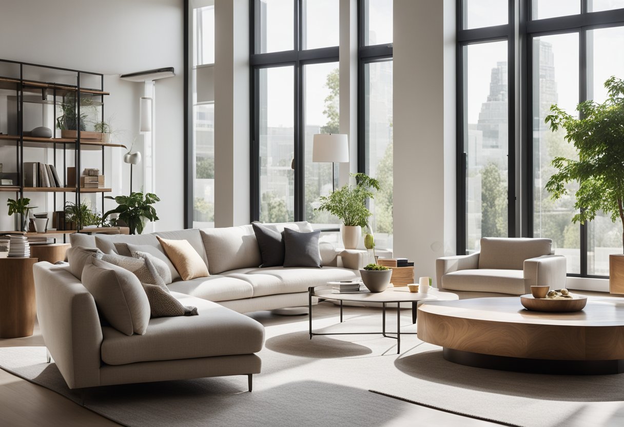 A bright, spacious living room with minimalist furniture, clean lines, and neutral color palette. Large windows allow natural light to fill the room, creating a serene and inviting atmosphere