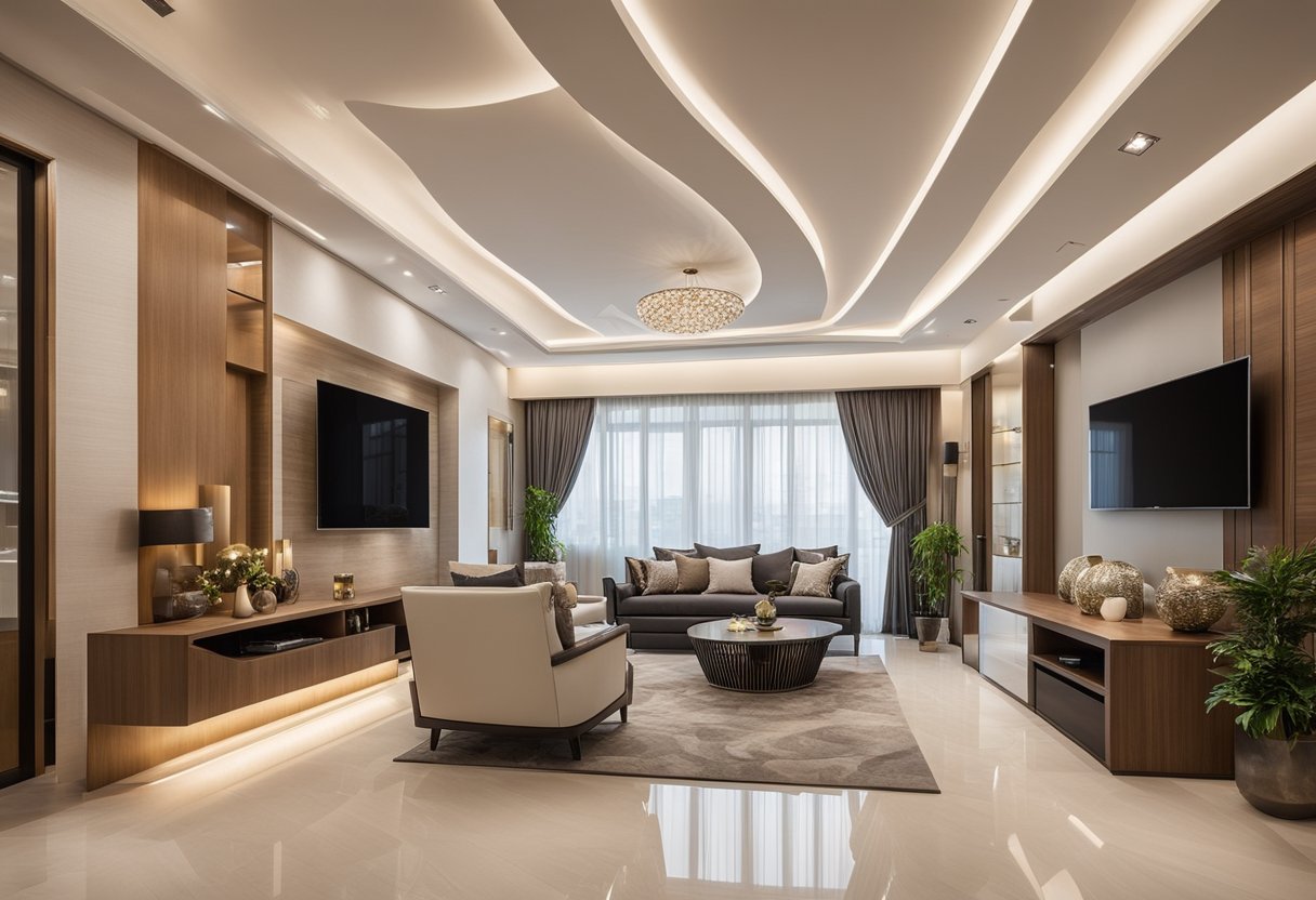 A spacious living room with modern false ceiling designs, featuring sleek and elegant materials such as gypsum, wood, and metal, with integrated lighting and intricate patterns