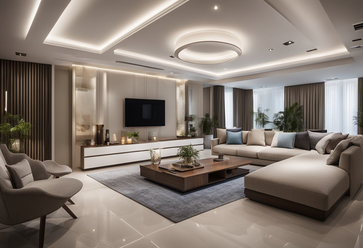 A spacious living room with modern furniture beneath a unique false ceiling design, featuring sleek lines and integrated lighting