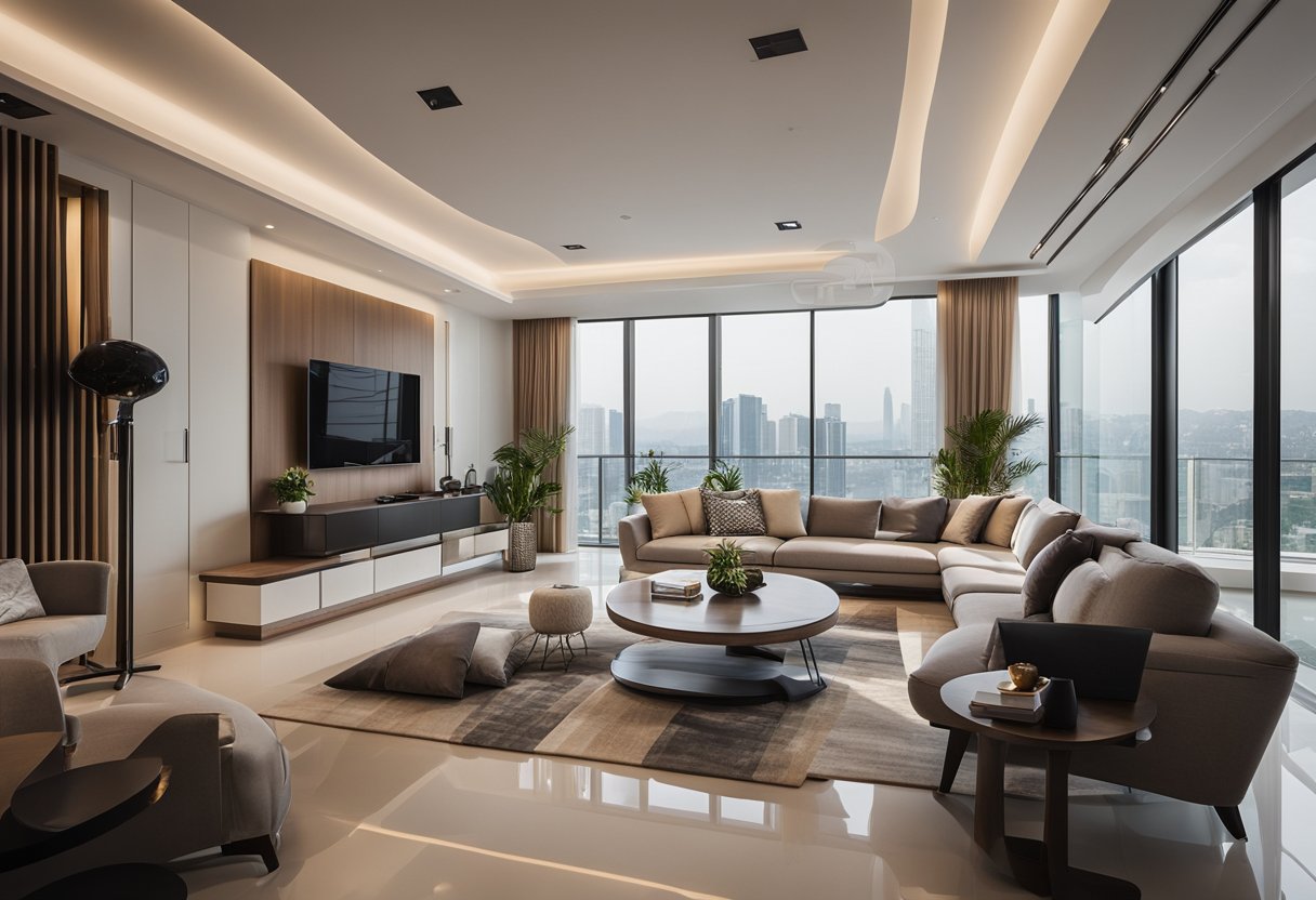 A modern living room with sleek false ceiling designs, featuring clean lines and integrated lighting