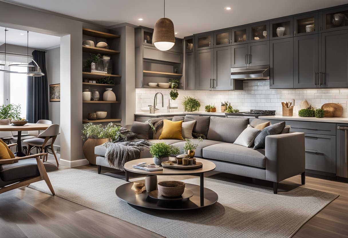 A cozy kitchen and living room blend seamlessly in a small space. The kitchen features modern appliances and sleek countertops, while the living room boasts a comfortable sofa and a stylish coffee table