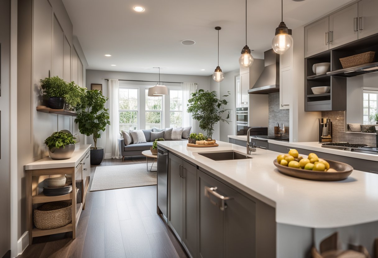 A small kitchen and living room blend seamlessly with cohesive design elements. Modern fixtures and neutral tones create an aesthetically pleasing space