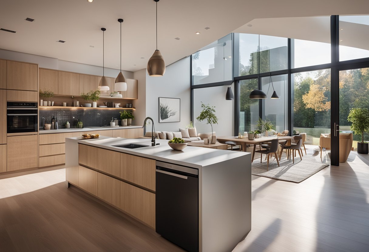 A cozy kitchen and living room blend seamlessly, with minimalist decor and efficient space-saving design. Light pours in from large windows, illuminating the open-concept space