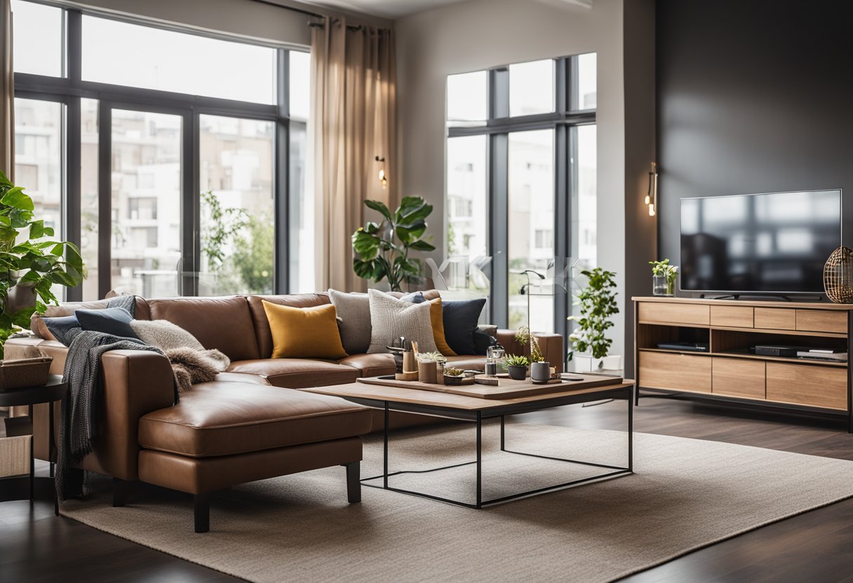 A spacious living room with a large, comfortable sofa, a coffee table, and a cozy rug. The room is well-lit with natural light from large windows, and there is a stylish entertainment center with a TV and shelves for decor