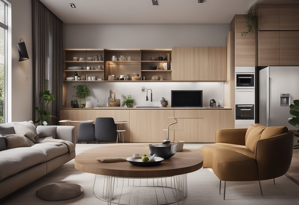 The living room and kitchen are seamlessly integrated in a small space, with minimalist furniture, clever storage solutions, and natural light streaming in
