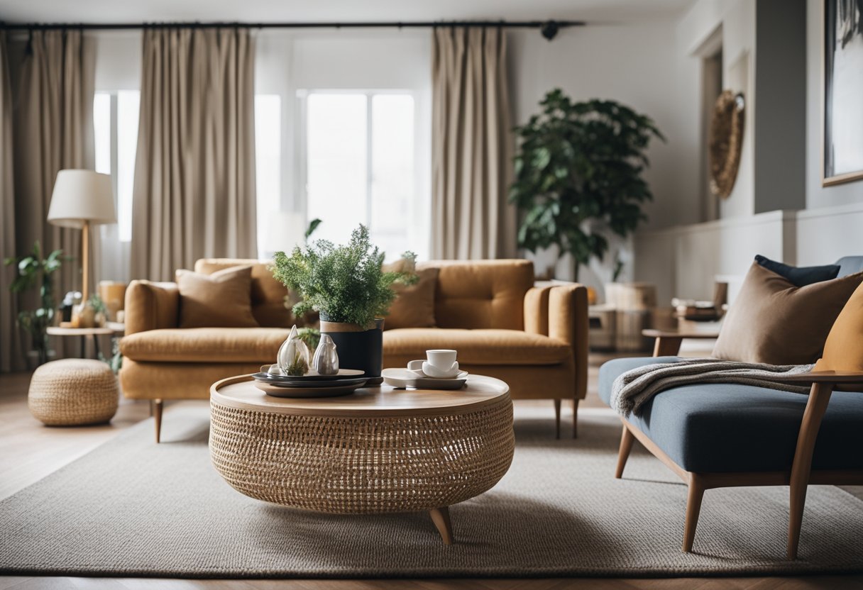 A person chooses furniture and decor for a living room, considering style and design