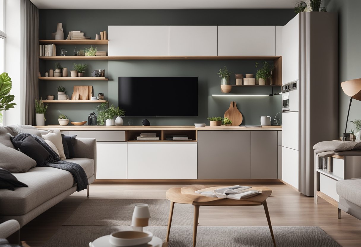 A cozy living room flows seamlessly into a modern kitchen, with clever storage solutions and sleek, space-saving furniture