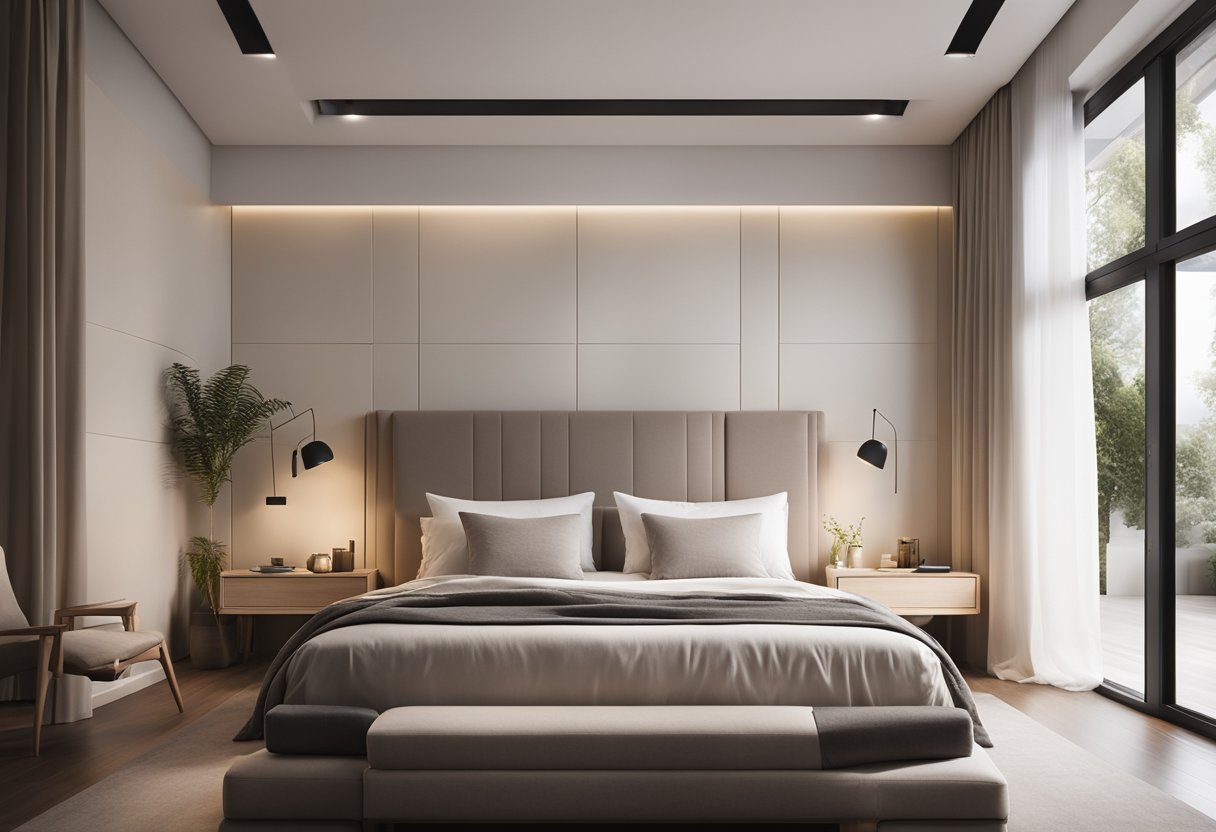 A spacious, minimalist bedroom with sleek furniture, soft lighting, and a neutral color palette. A large, plush bed sits in the center, surrounded by clean lines and a sense of calm