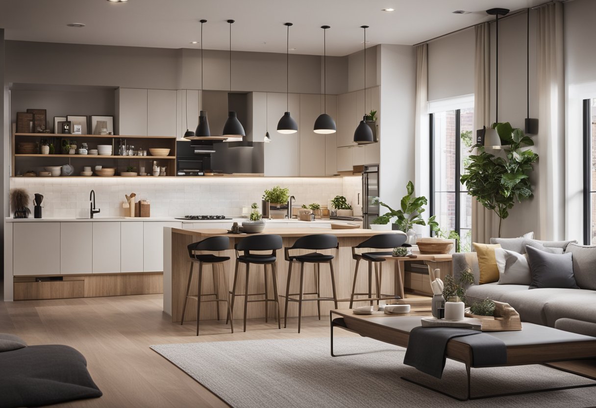 A cozy, open-concept living room flows seamlessly into a compact, yet efficient kitchen. Clean lines, modern fixtures, and clever storage solutions maximize space and style