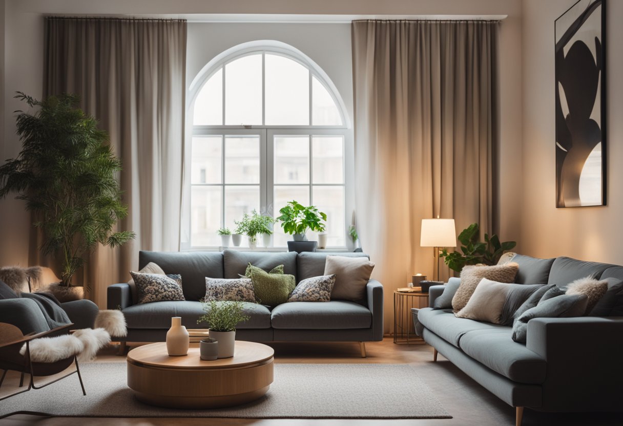 A cozy living room with a comfortable sofa, a coffee table with books and a potted plant, soft lighting, and a large window with flowing curtains