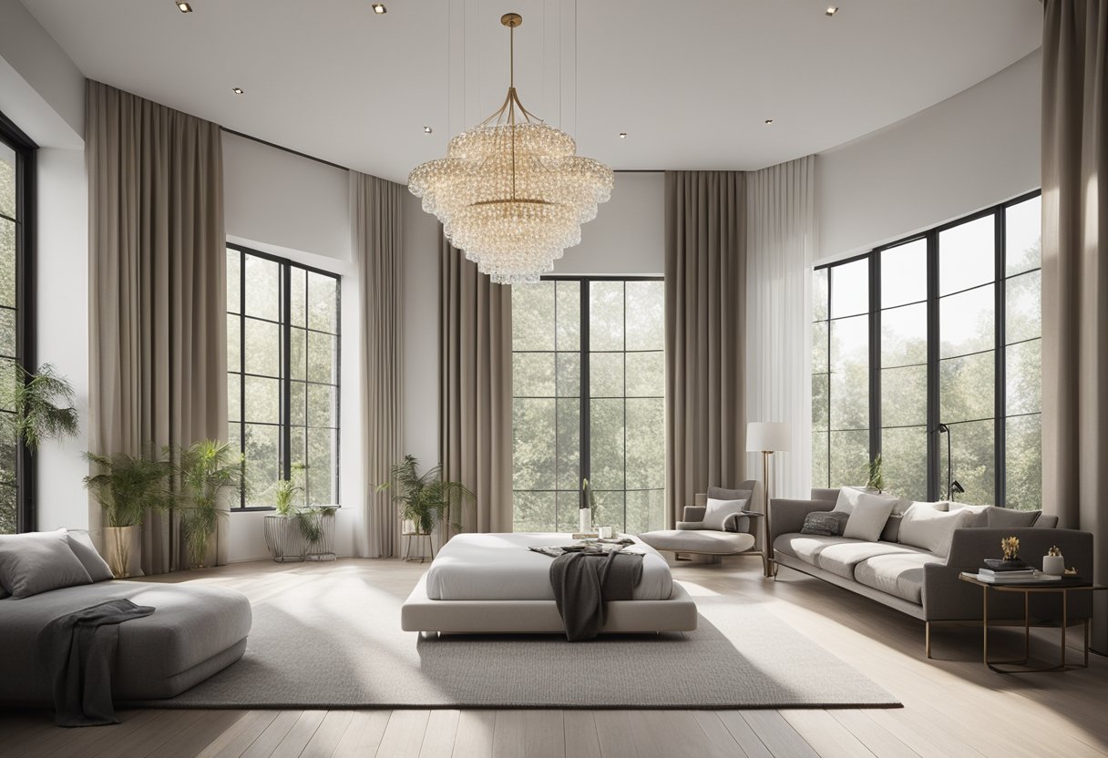 A spacious, minimalist bedroom with clean lines, neutral colors, and sleek furniture. Large windows let in natural light, and a statement chandelier hangs from the high ceiling