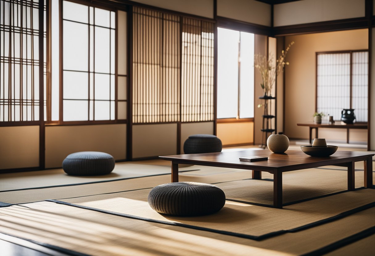 A tatami living room with sliding doors, low wooden table, floor cushions, and minimal decor. Sunlight filters through shoji screens, casting shadows on the straw mats