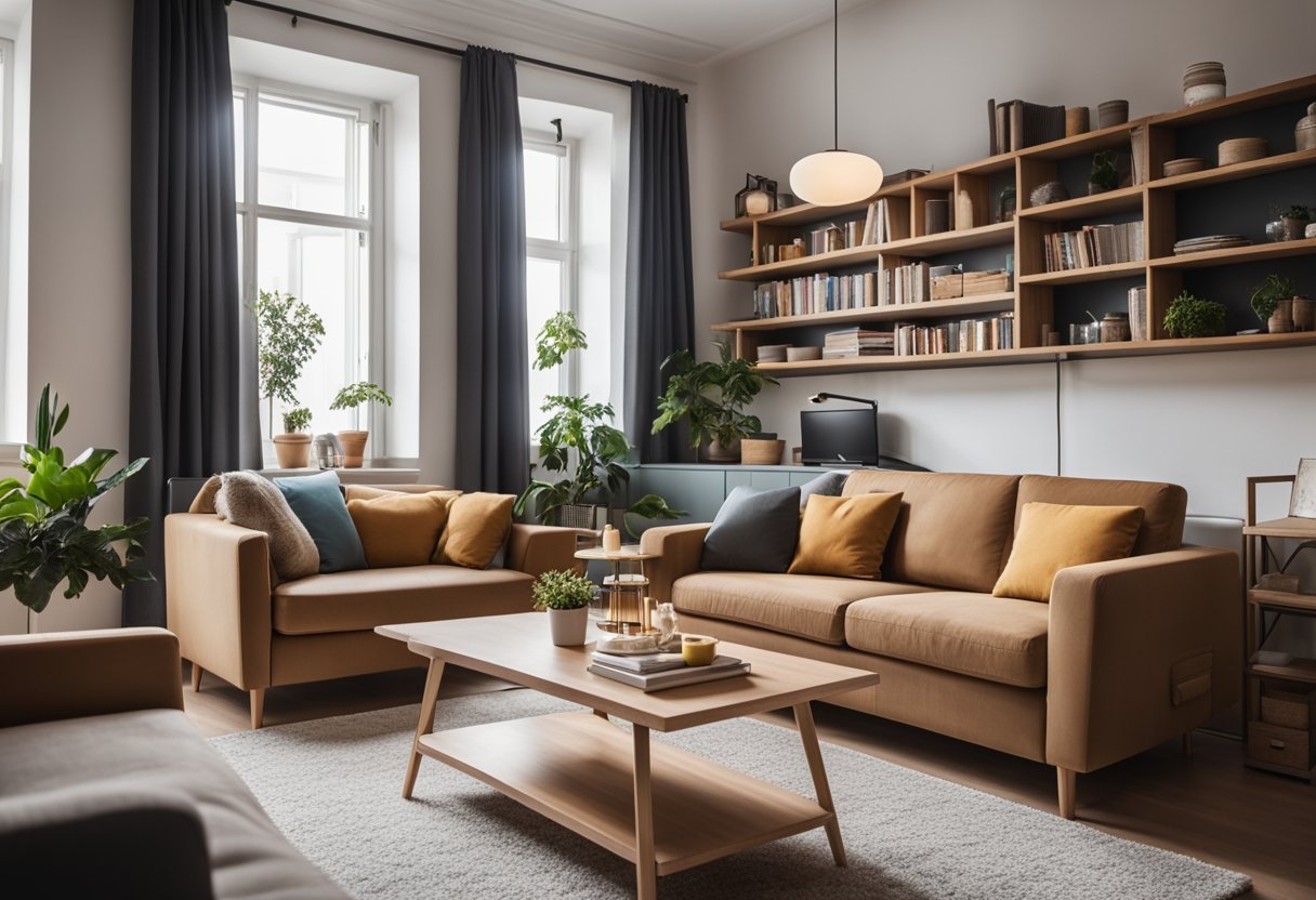 A cozy living room with a compact sofa, small coffee table, and bookshelf. The kitchen features a foldable dining table, compact appliances, and clever storage solutions