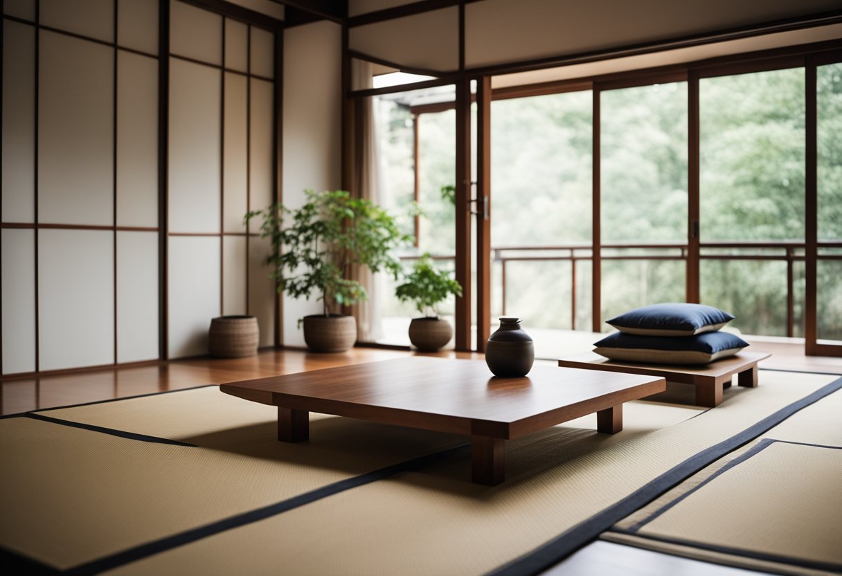 A tatami living room with low wooden table, sliding shoji doors, floor cushions, and minimal decor