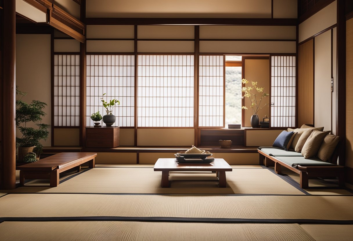 A cozy tatami living room with low wooden furniture, sliding shoji screens, and a tokonoma alcove for displaying art or flowers