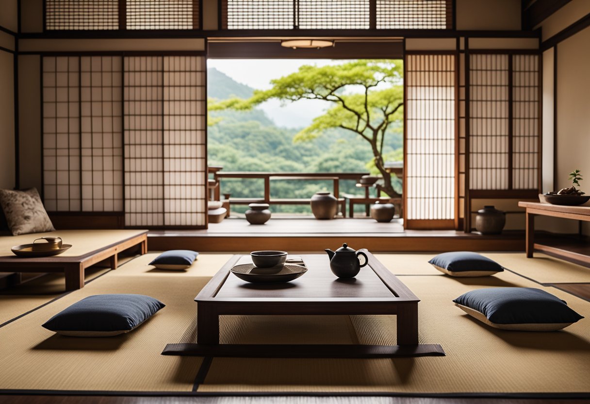 A cozy tatami living room with low wooden tables, floor cushions, sliding shoji screens, and minimalist decor. A traditional Japanese tea set sits on the table
