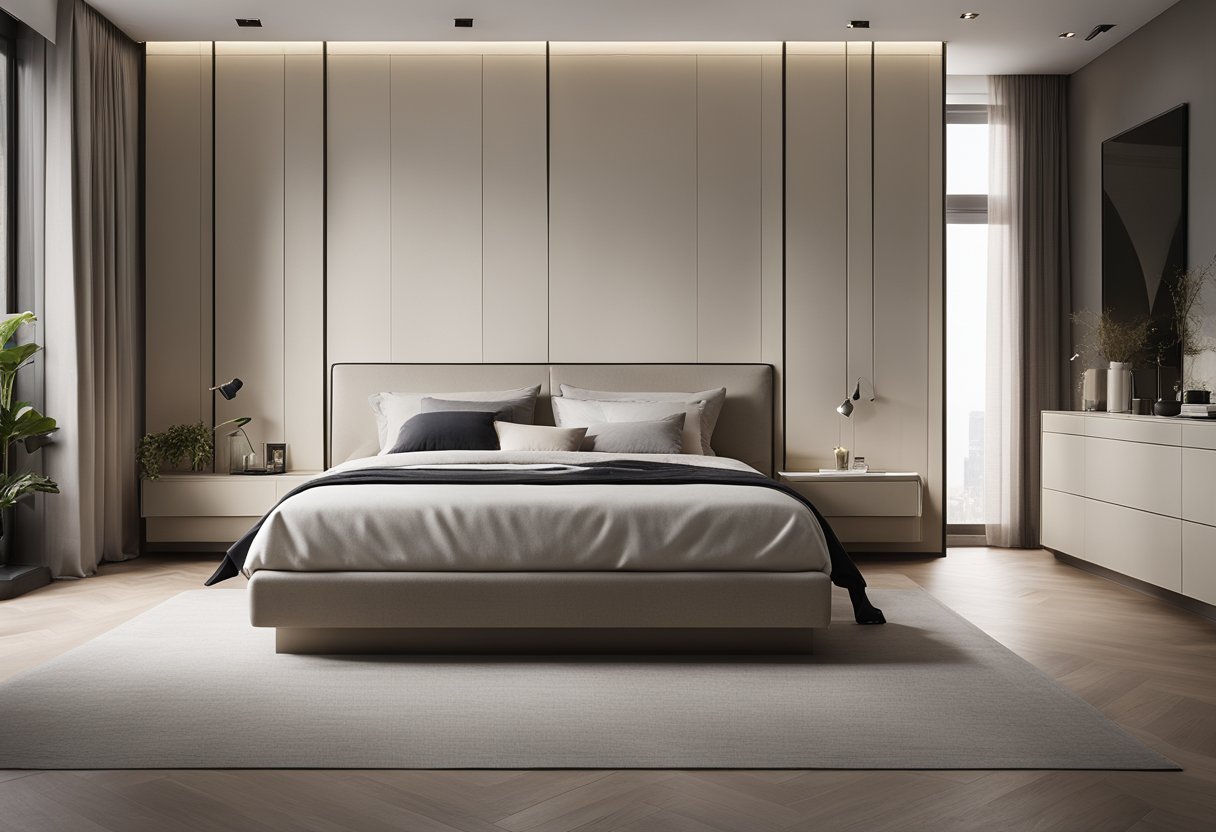 A sleek, minimalist bedroom with a platform bed, built-in storage, and sliding wardrobe doors in neutral tones