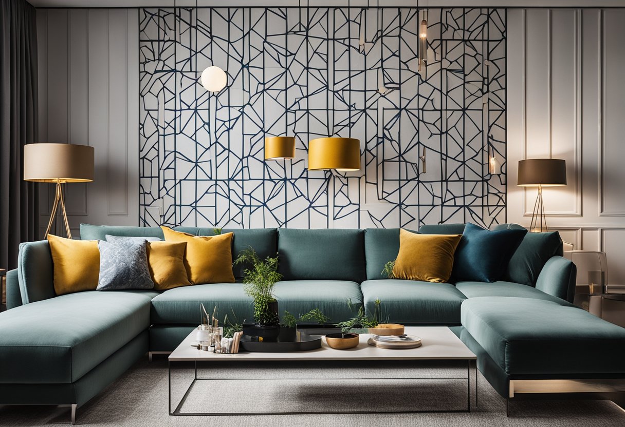 A feature wall in a living room, with geometric patterns in bold colors, accented by modern lighting and minimalist furniture