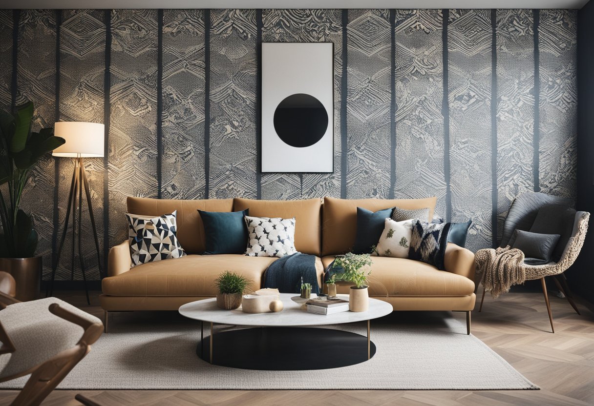 A cozy living room with a striking feature wall, adorned with bold patterns or textures, accentuating the space with a modern and stylish touch