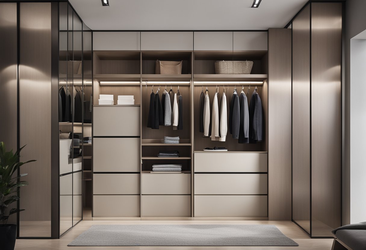 A sleek, minimalist wardrobe with sliding doors and adjustable shelves. Clean lines and neutral colors create a modern and functional design