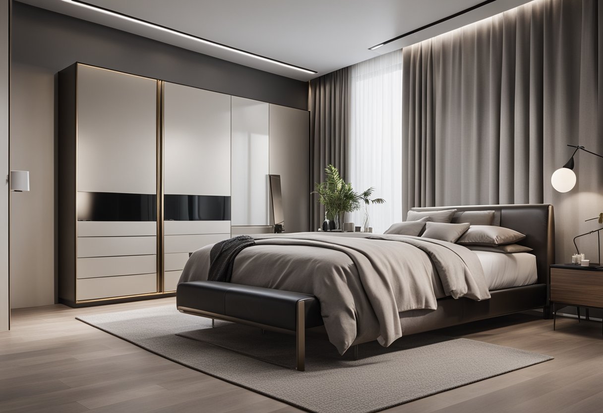 A sleek, minimalist bedroom with clean lines, neutral colors, and modern furniture. The wardrobe features sleek, glossy surfaces and metal accents