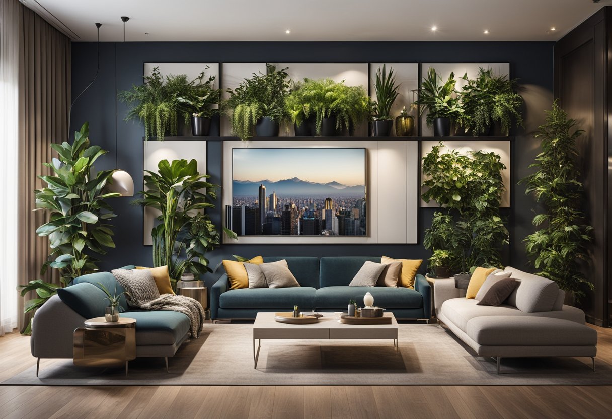 A large feature wall in a modern living room adorned with sleek shelves, potted plants, and stylish wall art