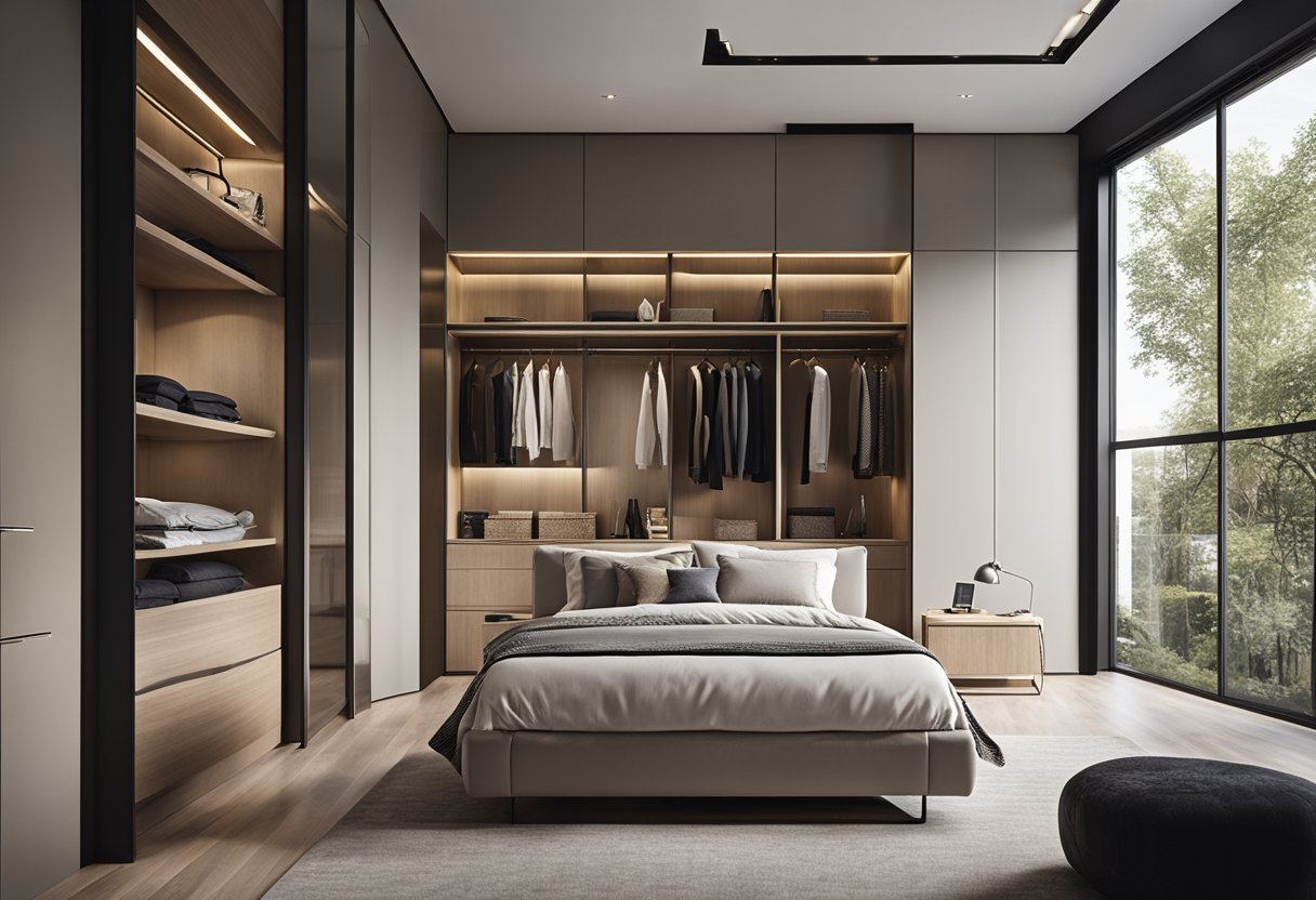 A spacious bedroom with sleek, minimalist wardrobe designs. Clean lines, neutral colors, and ample storage space