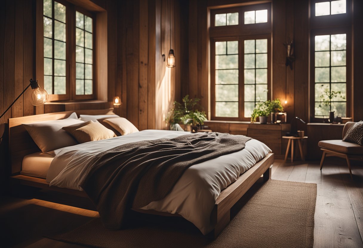 A cozy wooden bedroom with a rustic bed, bedside table, and a large window overlooking a forest. Warm lighting and earthy tones create a peaceful atmosphere
