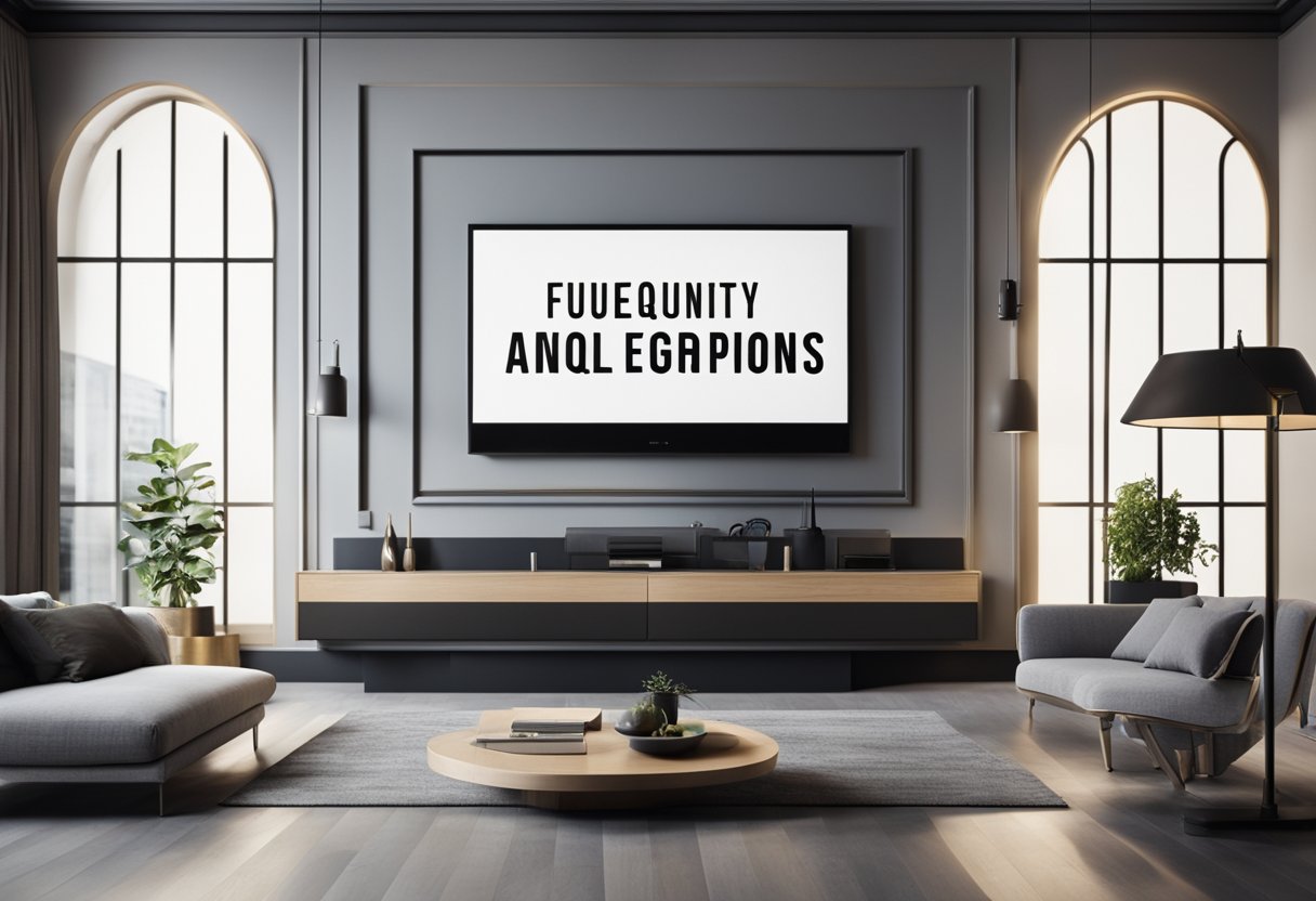 A modern living room with a sleek, minimalist feature wall showcasing a bold "Frequently Asked Questions" design in a mix of typography and graphic elements