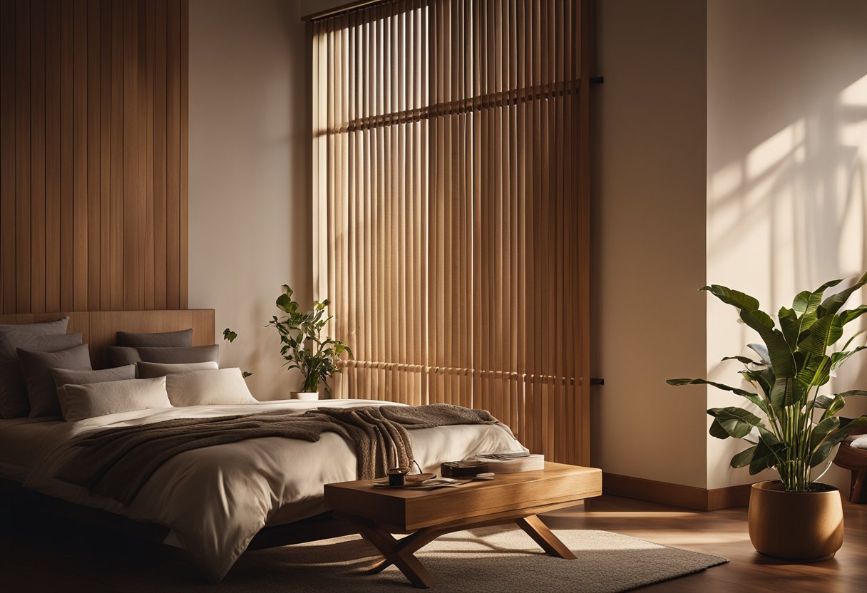 A warm, soft light filters through the wooden blinds, casting gentle shadows on the earthy tones of the bedroom. The rich, deep hues of the wooden furniture create a cozy and inviting atmosphere