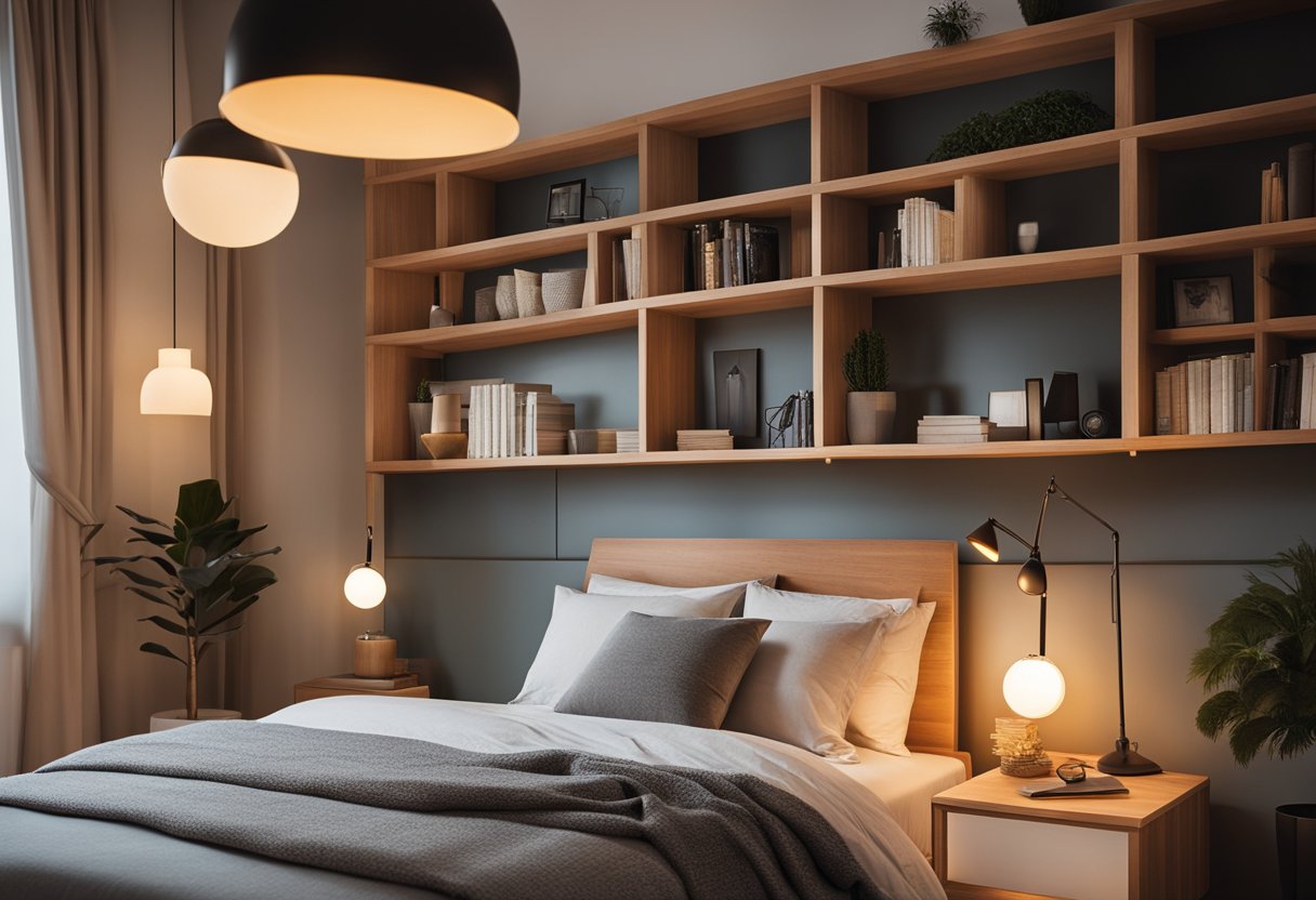 A cozy bedroom with wooden furniture, warm lighting, and a comfortable bed. A bookshelf, a desk, and a chair are neatly arranged