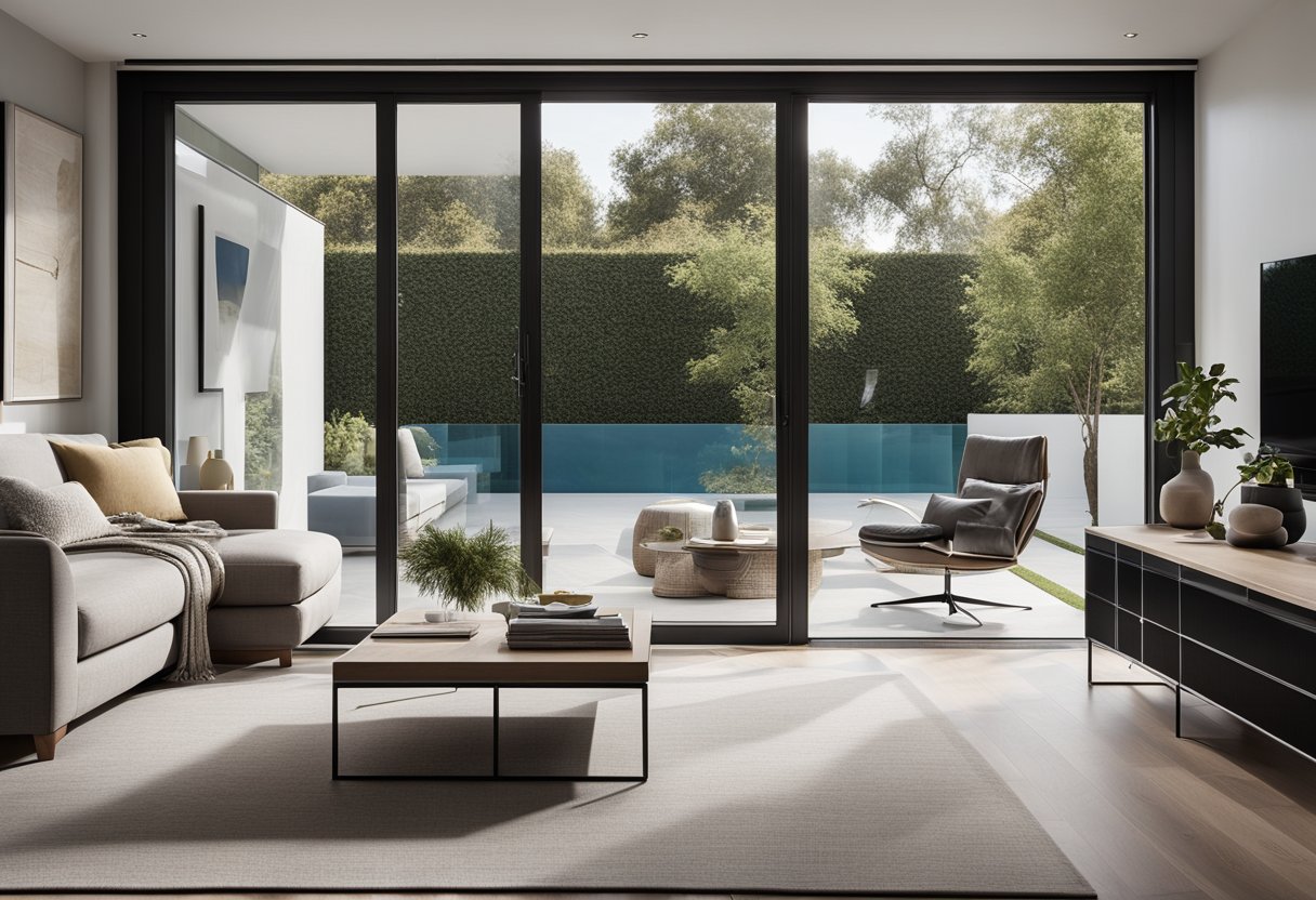 A modern living room with sleek glass sliding doors, allowing natural light to fill the space. The doors feature minimalist designs and open onto a serene outdoor area
