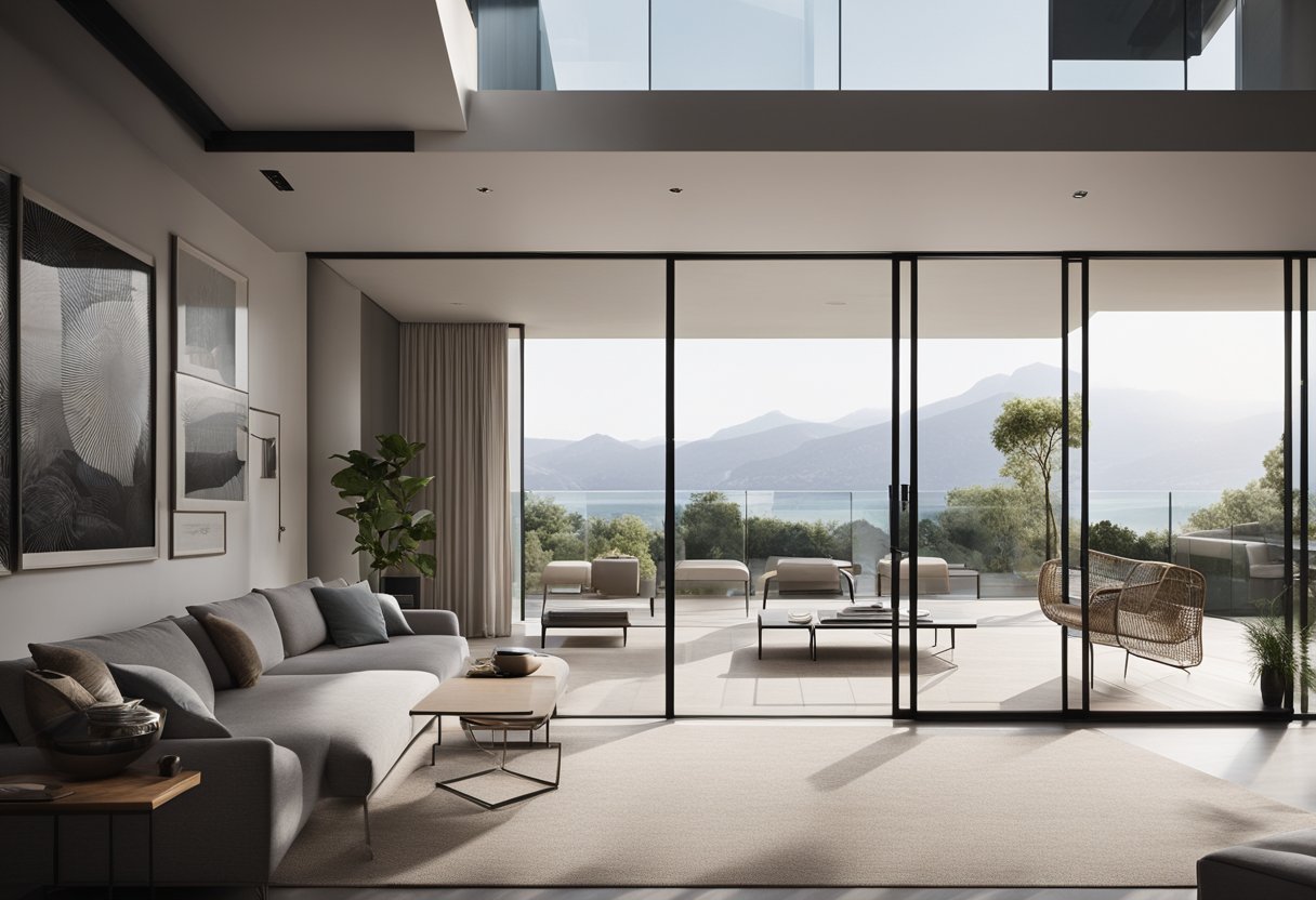 A modern living room with a sleek glass sliding door leading to an outdoor space. Clean lines and minimalistic design create a sense of openness and sophistication