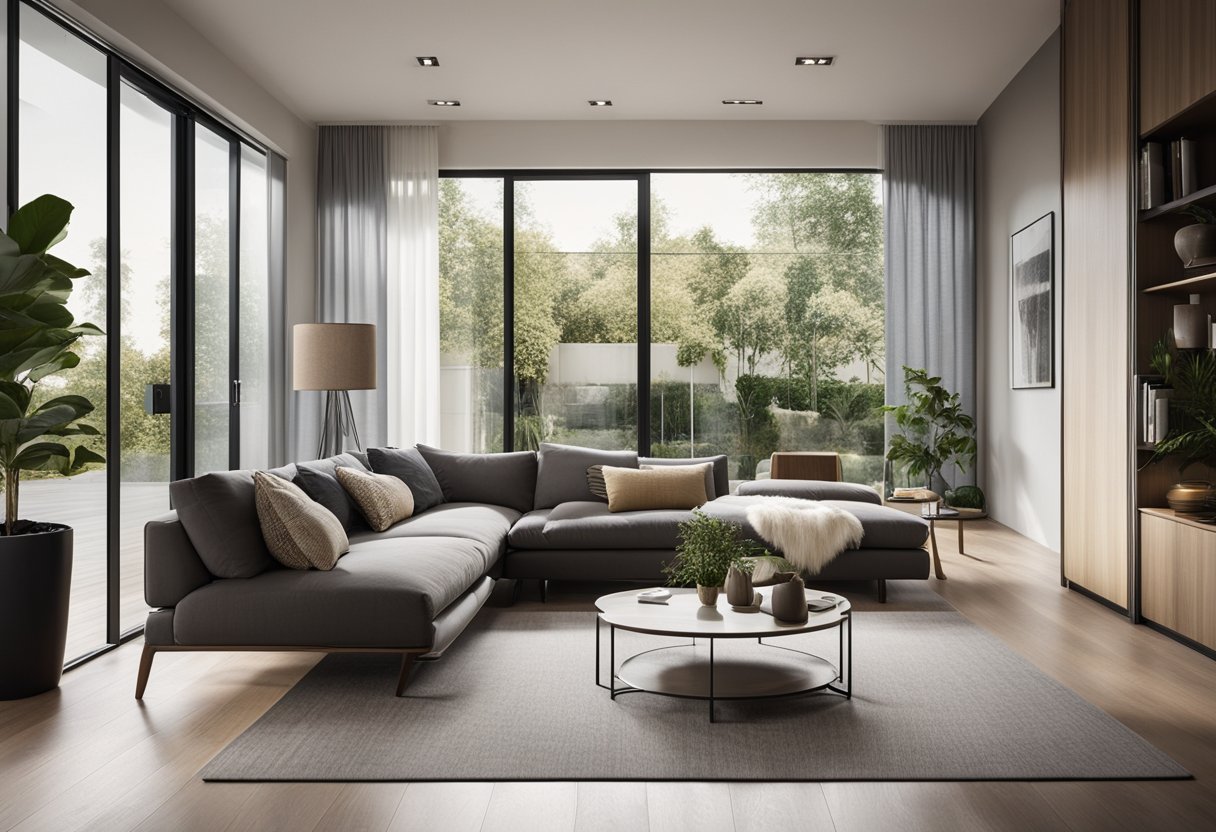 A modern living room with a sleek glass sliding door, showcasing various designs and patterns. Light filters through, creating a warm and inviting atmosphere