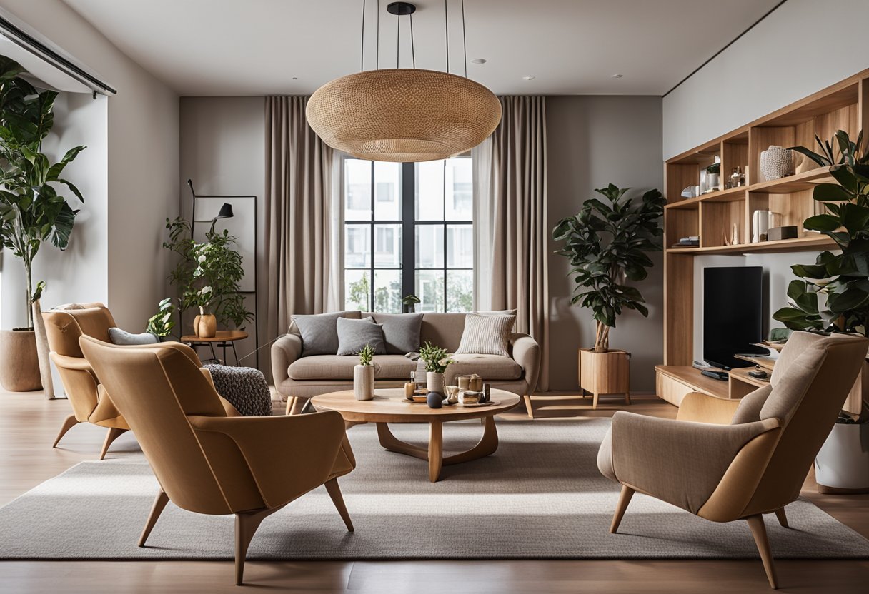 A cozy living room with various wooden chair designs arranged neatly, creating an inviting and comfortable space for relaxation and conversation