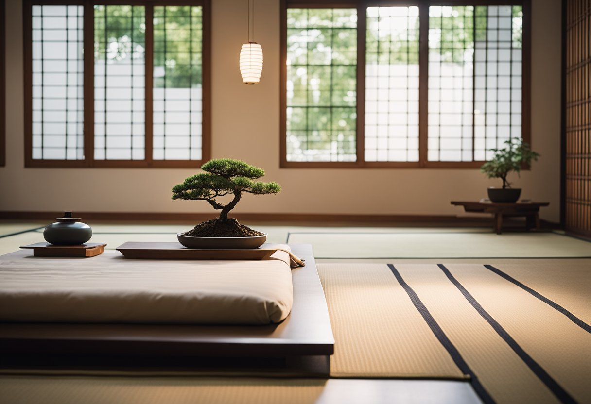 A serene bedroom with minimal decor, a low platform bed, paper lanterns, and a bonsai tree on a tatami mat floor