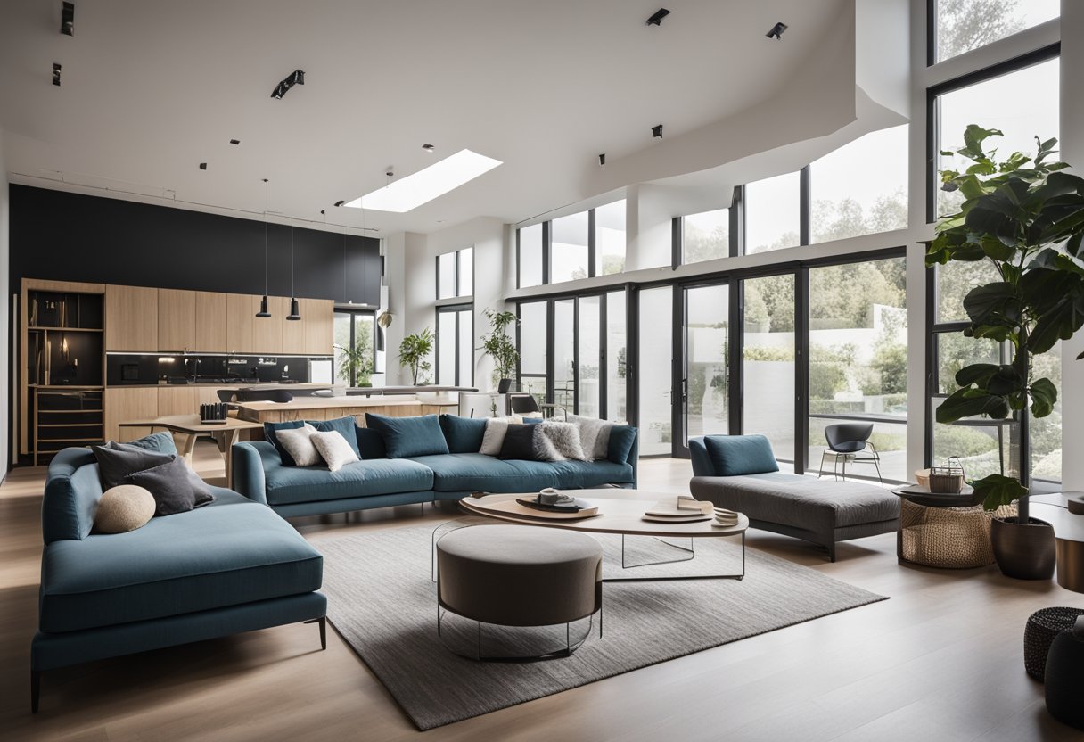 A spacious living room with modern furniture, large windows, and high ceilings. The room is well-lit with natural light and features a minimalist design