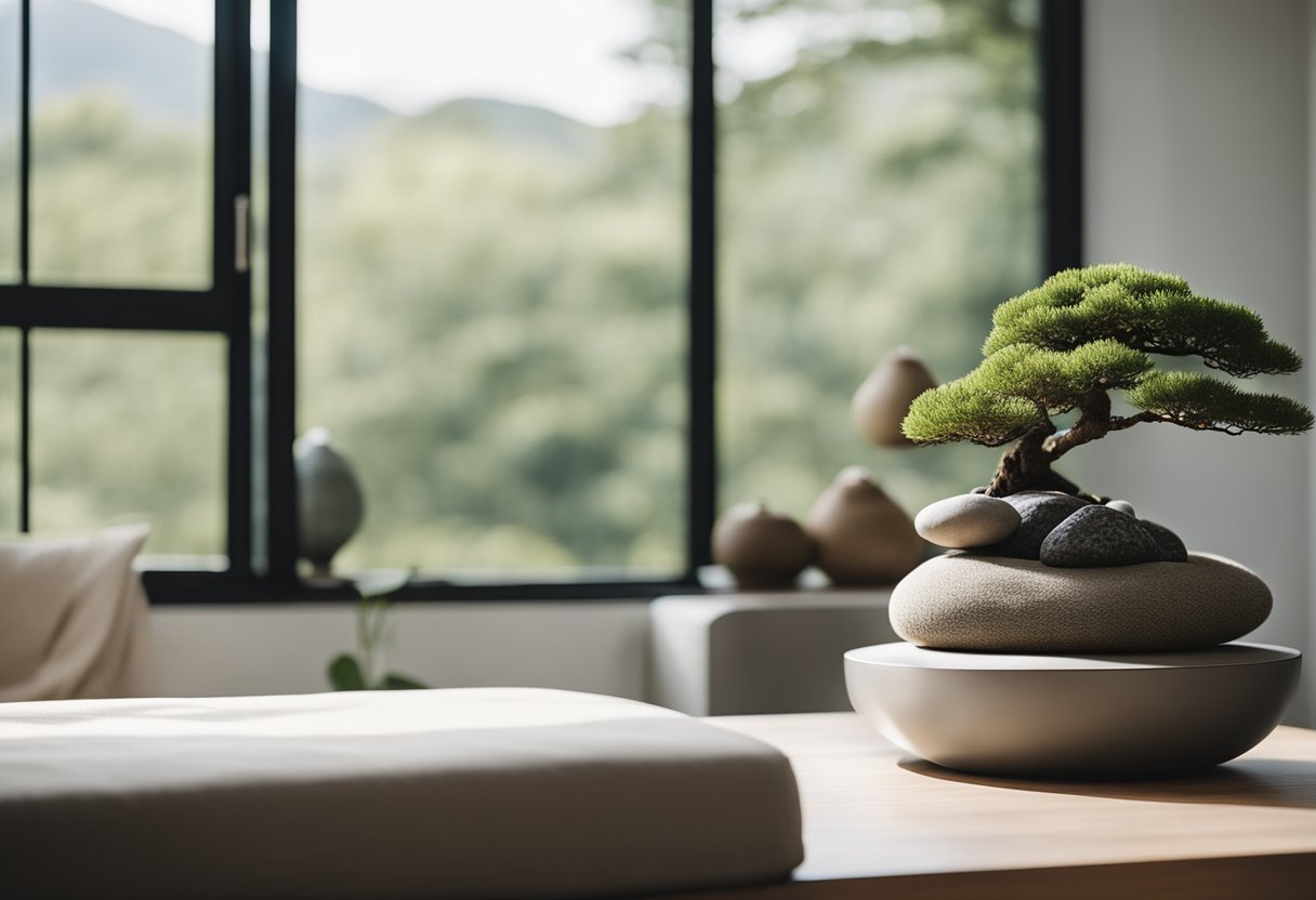 A serene bedroom with minimal furniture, natural lighting, and neutral colors. A low platform bed with clean lines, a simple meditation cushion, and a few decorative elements like a bonsai tree or a small rock garden