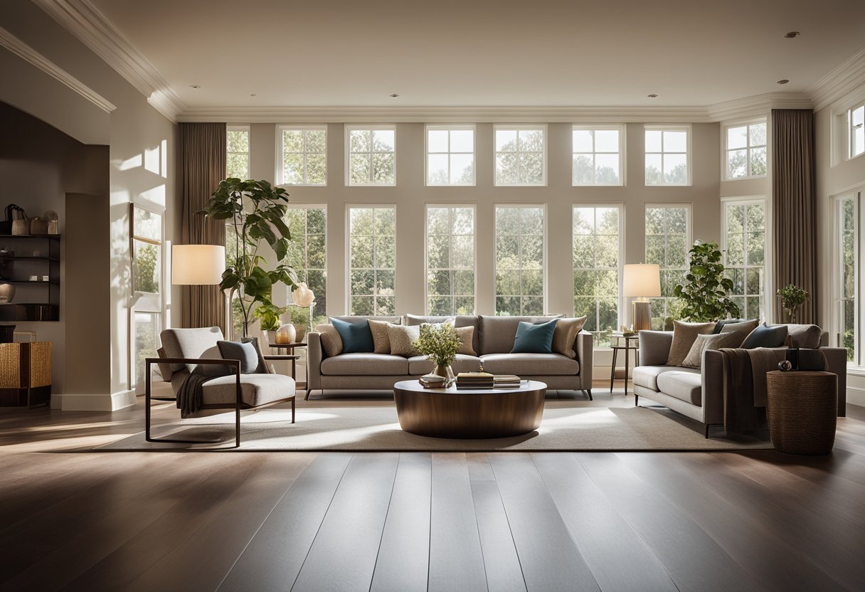 The living room is bathed in natural light from large windows. LED strip lights line the edges of the room, casting a warm glow. A mix of floor and table lamps provide additional ambient lighting