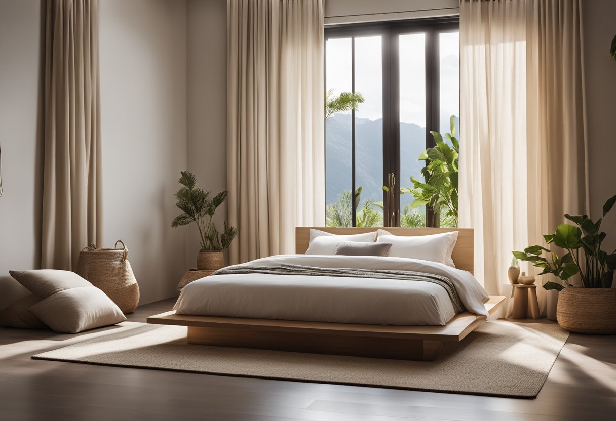A serene zen bedroom with minimal furniture, soft lighting, and natural elements like bamboo and stone. A low platform bed with neutral bedding and floor cushions. A large window with sheer curtains allowing in natural light