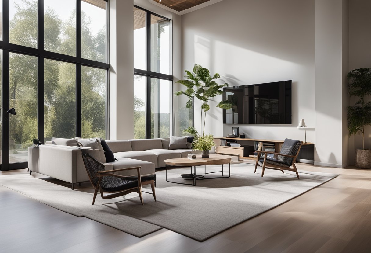 A spacious living room with high ceilings, featuring modern furniture and minimalistic decor. Natural light floods the room through large windows, creating a bright and airy atmosphere