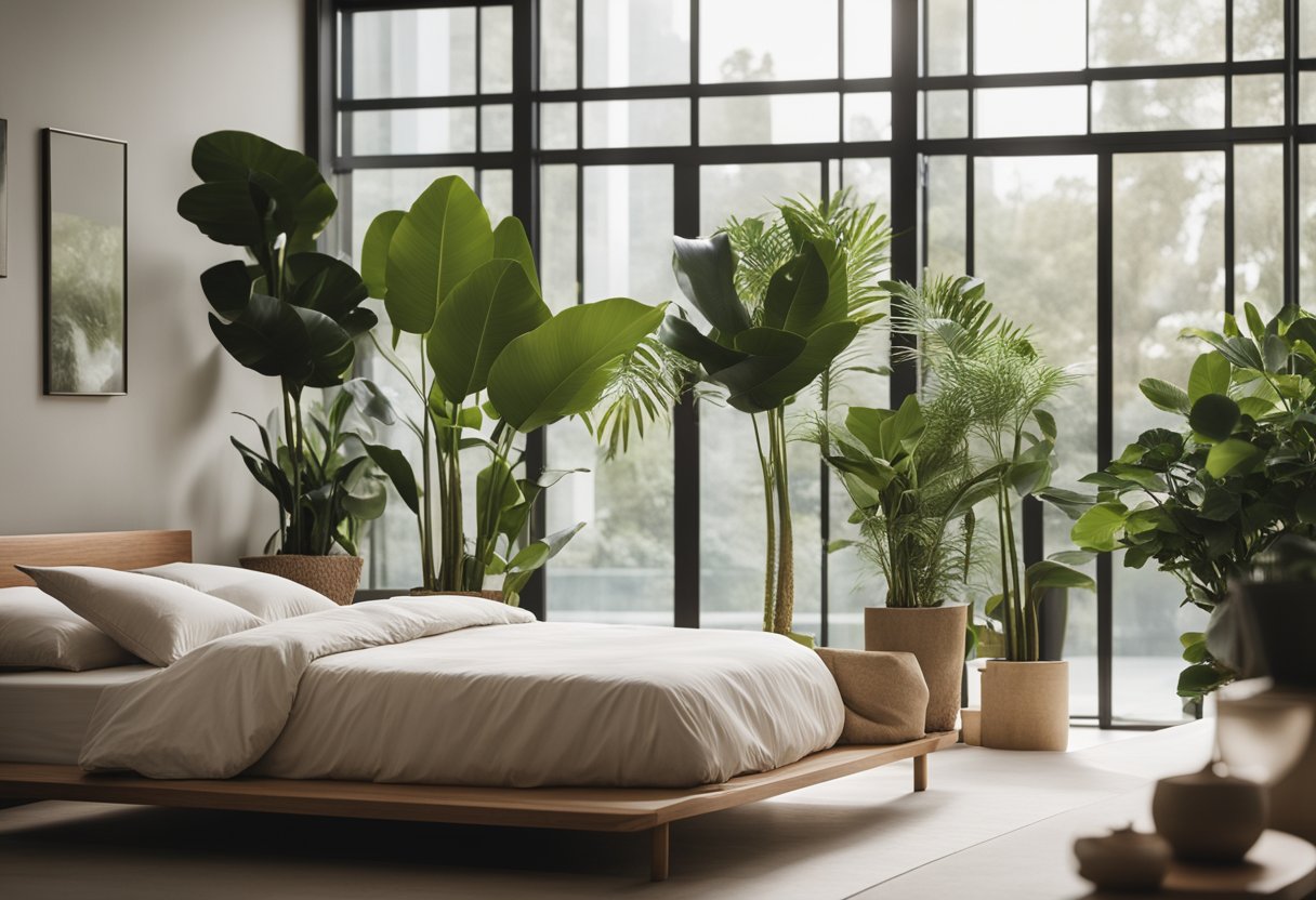 A serene bedroom with minimalistic decor, soft neutral colors, and natural lighting. A low platform bed with clean lines, surrounded by potted plants and a tranquil water feature