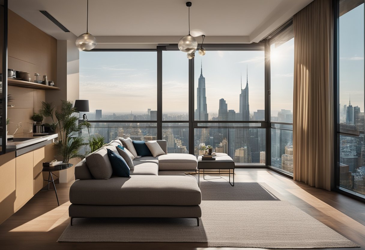A cozy one-bedroom flat with open floor plan, modern furniture, large windows, and a small balcony overlooking the city skyline