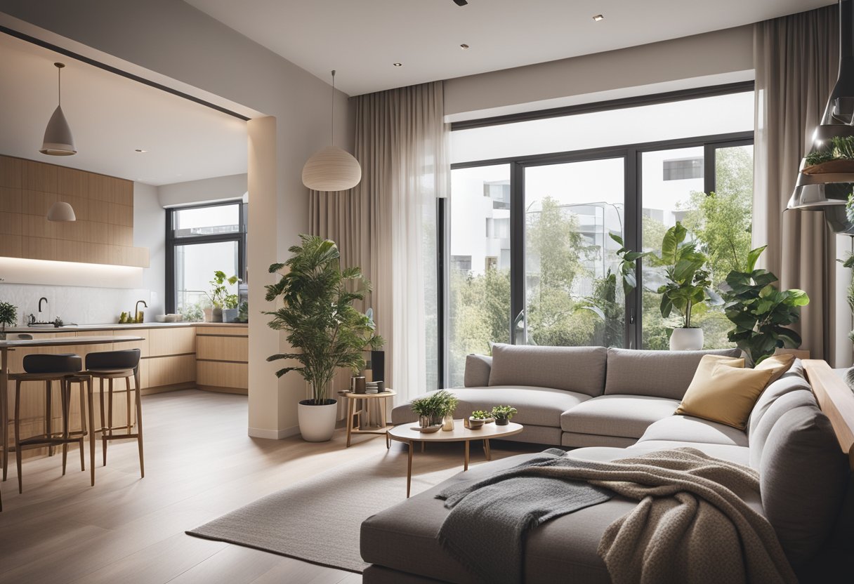 A cozy one-bedroom flat with open living space, modern kitchen, and stylish bathroom. Bright natural light floods the room through large windows, creating a warm and inviting atmosphere