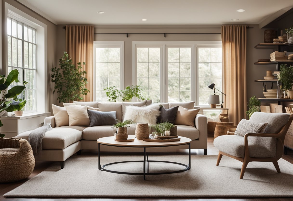 A cozy 14 x 14 living room with a plush sofa, coffee table, and a soft rug. Large windows let in natural light, and a warm color palette creates a welcoming atmosphere
